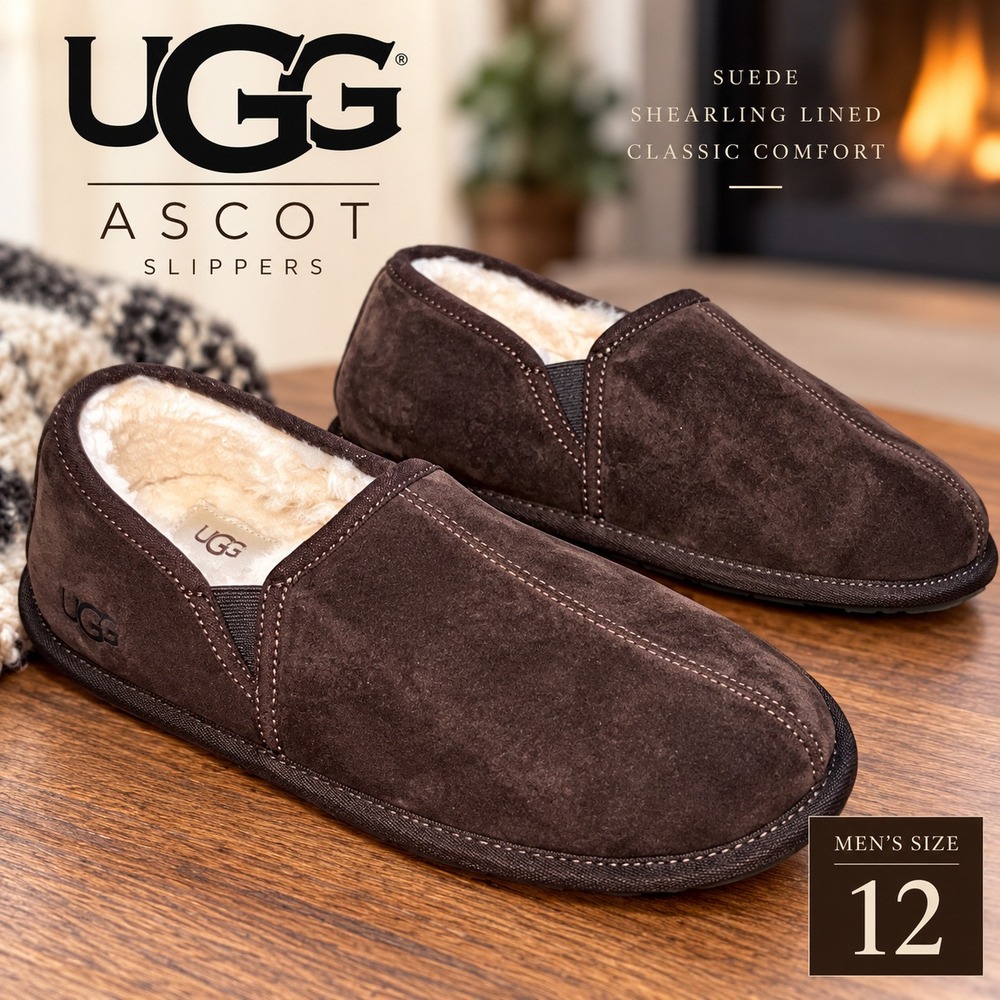 UGG Ascot Slippers Mens 12 Brown Suede Sheepskin Lined Moccasin Loafer Shoes